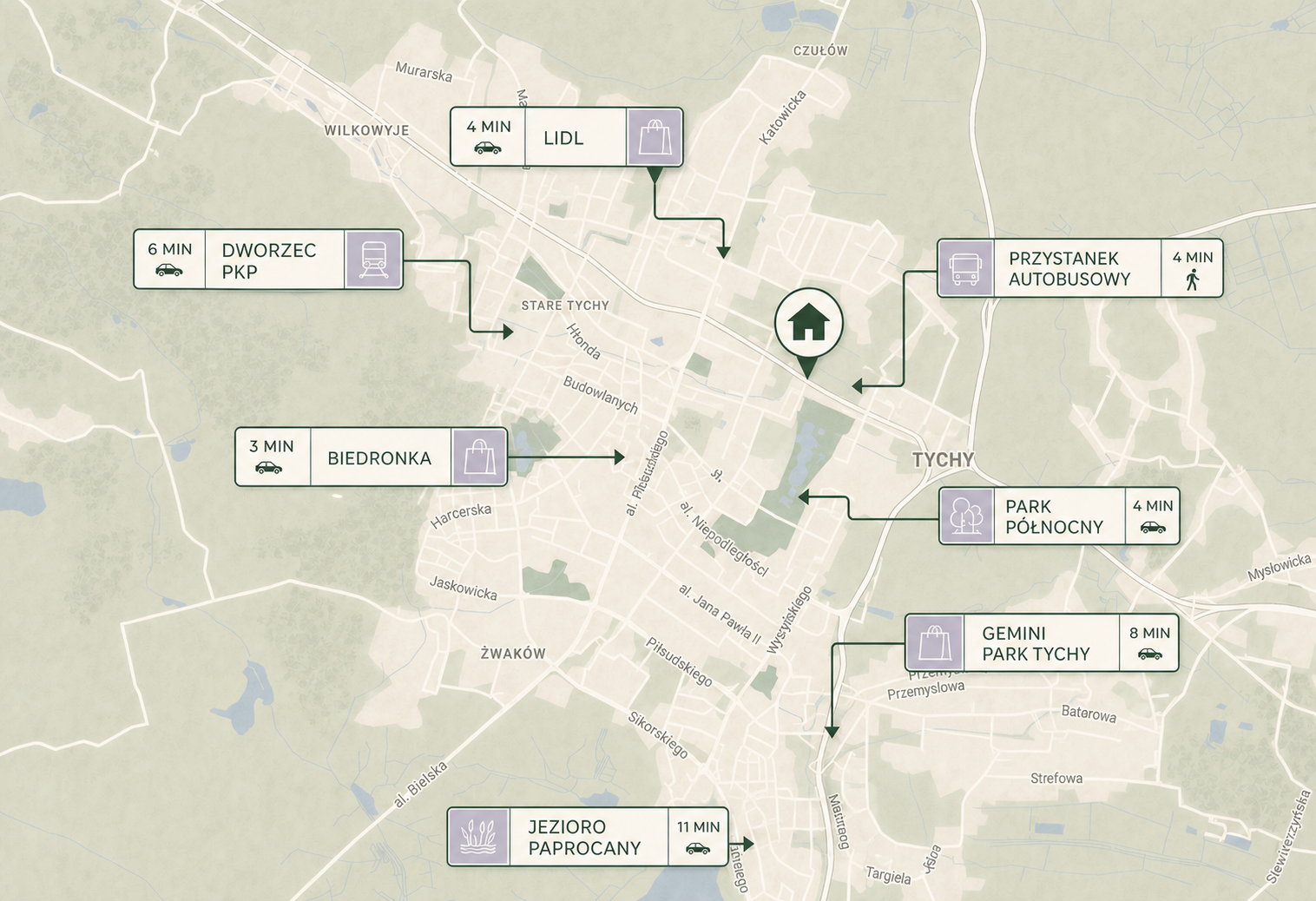 Mapa sąsiedztwa Lawendowa II z czasami dojazdu do najważniejszych miejsc